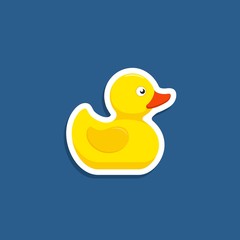 Rubber duck bath toy sticker in flat style on blue background. Vector illustration