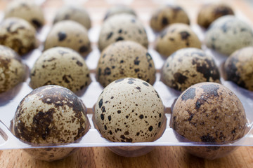 Small raw quail eggs in the package closeup