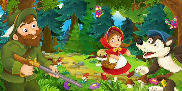 cartoon scene with wolf girl and hunter in the forest 