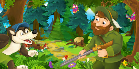 cartoon scene with hunter hunting wolf in the forest