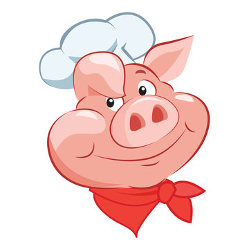 Happy Pig Chef Head. Cartoon Vector Illustration. Pig Chef Hat. Pig Chef Toy. Pig Chef Game And Costume. Chef Pig. Pig Chef Logo.