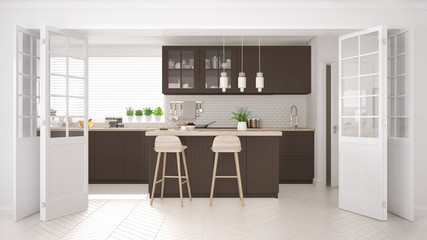 Scandinavian classic kitchen with wooden and brown details, minimalistic interior design