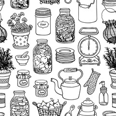 Rustic kitchen sketchy vector seamless pattern. Black and white cooking items background.