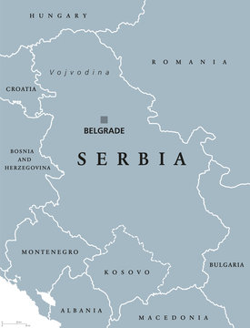 Serbia political map with capital Belgrade and neighbor countries. Republic in Southeastern Europe located on the Balkan Peninsula. Gray illustration with English labeling on white background. Vector.