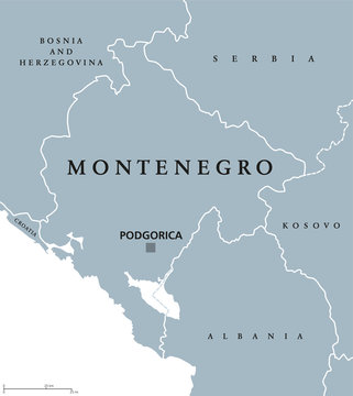 Montenegro political map with capital Podgorica and neighbor countries. Sovereign state in Southeastern Europe on Balkan Peninsula. Gray illustration with English labeling on white background. Vector