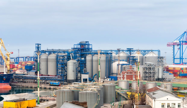 Cargo crane and grain dryer in port Odessa