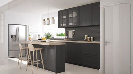 Scandinavian classic kitchen with wooden and gray details, minimalistic interior design