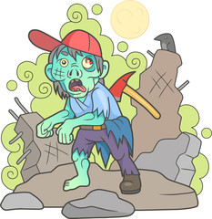 cartoon zombie with an ax in the back
