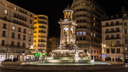 Fountain on Jacobin's square at night Lyon