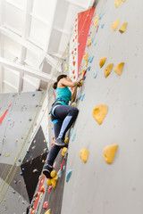 Fit sporty woman looking up at rock climbing wall at the gym and training