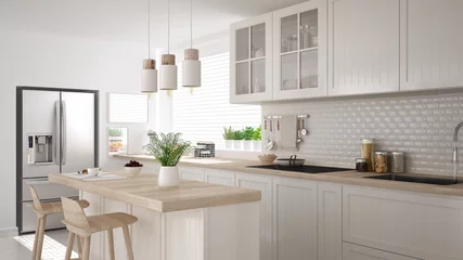 Fotobehang Scandinavian classic kitchen with wooden and white details, minimalistic interior design © ArchiVIZ