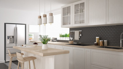 Fototapeta premium Scandinavian classic kitchen with wooden and white details, minimalistic interior design