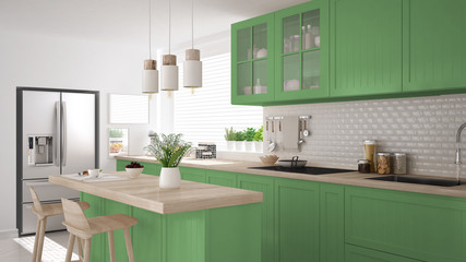 Scandinavian classic kitchen with wooden and green details, minimalistic interior design