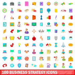 100 business strategy icons set, cartoon style