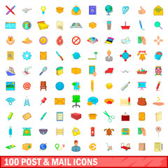100 post and mail icons set, cartoon style