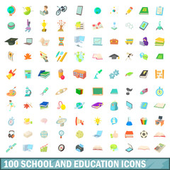 100 school and education icons set, cartoon style