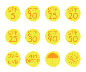Hand drawn stickers and badges for sunscreen cosmetics