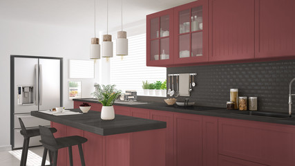 Scandinavian classic kitchen with wooden and red details, minimalistic interior design