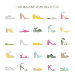 Set with different types of trendy shoes. Women's collection of spring, summer and autumn