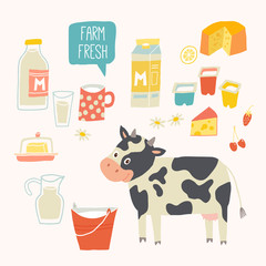 Farm fresh set. Cow and products - milk, yogurt, cheese, butter, milkshake. Vector illustration, isolated on white. Vector hand drawn eps 10 clip art illustration isolated on white background.