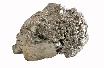 The mineral pyrite or iron pyrite, also known as fool's gold isolated on white background
