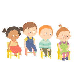Perplex preschool children sitting on chairs.