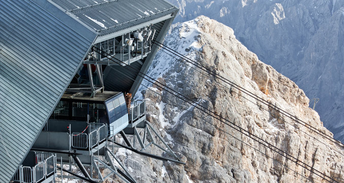 Funicular station with a cabin at Zugspitze, Bavaria. Popular touristic route in Germany.