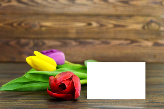 Blank greeting card and colorful tulips on wooden background