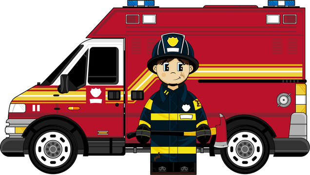 Cartoon Firefighter - Fireman and Fire truck