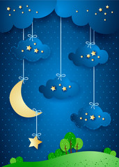 Fototapeta na wymiar Surreal landscape by night with hanging clouds and stars