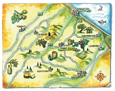 Geographic map of the local gastronomy of Marche region