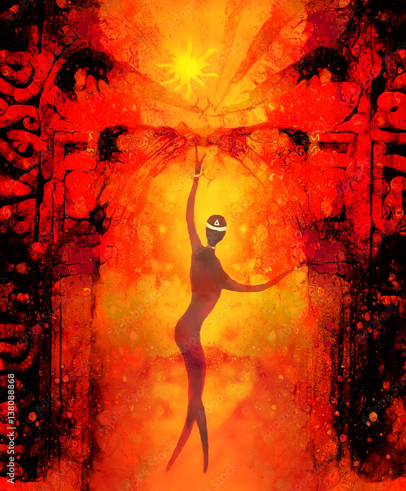 Poster spiritual beings in the universe and ancient gate in background. painting and graphic effect.