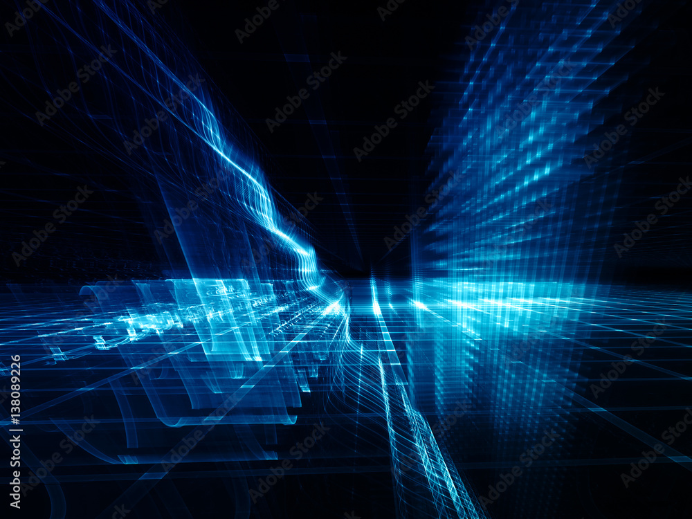 Poster abstract background element. three-dimensional composition of glowing grids and wave shapes. science