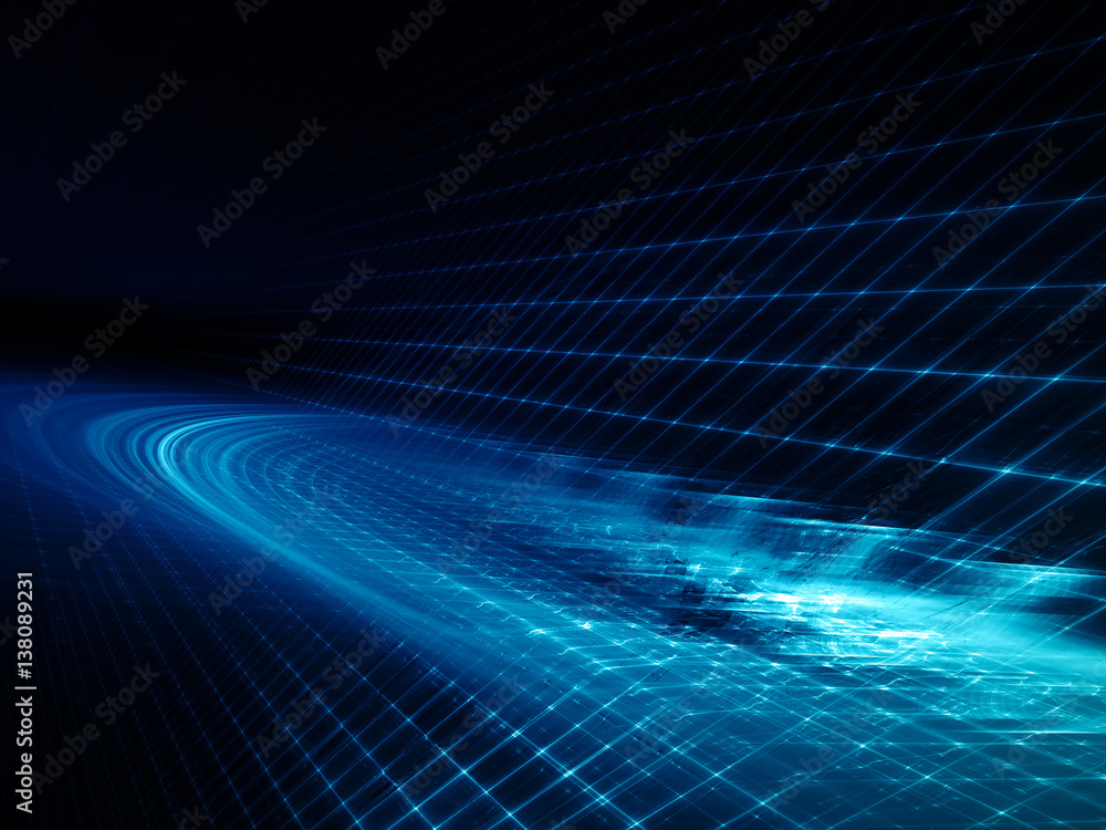 Poster abstract background element. three-dimensional composition of glowing grids and wave shapes. science