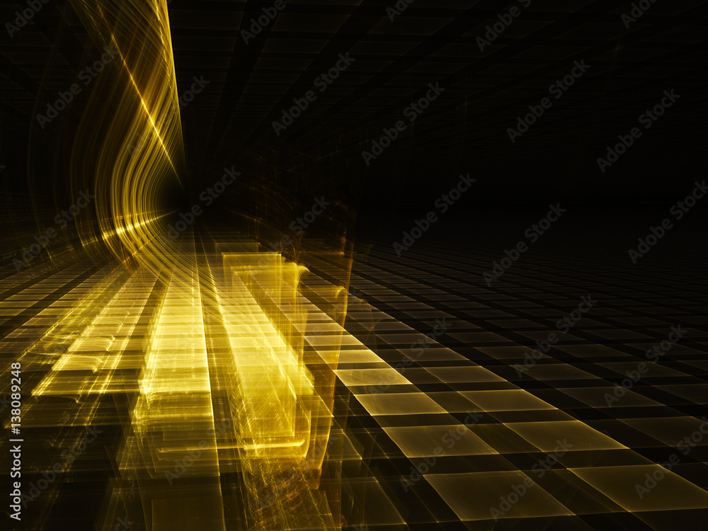 Poster abstract background element. three-dimensional composition of glowing grids and wave shapes. science