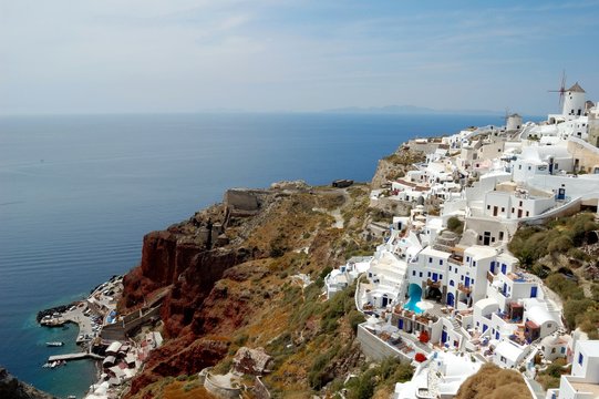 Santorini - the volcano among the Cyclades, Aegean sea. Island's capital, Fira, which is situated on the edge of a cliff. Known for distinctive architecture in white and blue colours