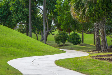 A winding, twisting path, trail or walkway in a public park in Miami Beach, Florida sits amongst palm trees on a sunny summer day