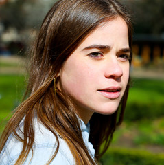 White Beautiful Young Caucasian Brunette Woman Portrait Outdoors With Brown Hair 