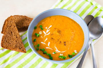 Red lentil mixed vegetable puree soup with carrot