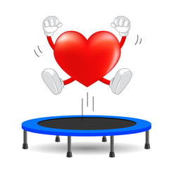 Heart character jumping on trampoline gymnastic. health care concept, illustratation isolated on white background.