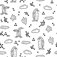 Obraz premium Seamless black and white kids tribal vector pattern with penguins and triangles.