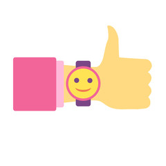 Time to have fun. Thumb Up. Hand with clock. Flat vector icon.