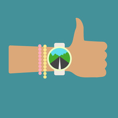 Time to hitchhiking. Thumb Up. Hand with clock. Flat vector logo icon.