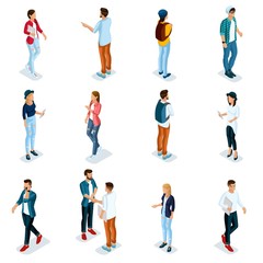 Fototapeta na wymiar Trendy Isometric young people, teenagers and students. Creative people in modern dress hipster, modern gadgets, Freelancers isolated on white background. Vector illustration