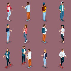 Fototapeta na wymiar Trendy Isometric young people, teenagers and students. Creative people in modern dress hipster, modern gadgets, Freelancers isolated on purple background. Vector illustration