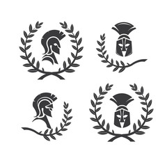 Warrior icon in spartan style. Stylized helmet and soldier silhouette with sample typography. Symbol of strength. Collection of Spartan soldier symbols with laurel wreaths. EPS 10 vector.