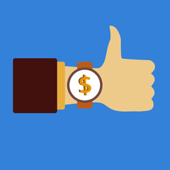 Time to make money sing. Business. Thumb Up. Hand with clock. Flat vector icon.