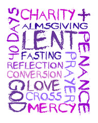 Lent word cloud grunge artistic style, ashes look, in purple tones