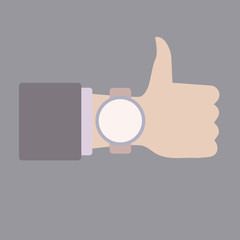 Empty 'time to' sing. Thumb Up. Hand with clock. Flat vector icon.