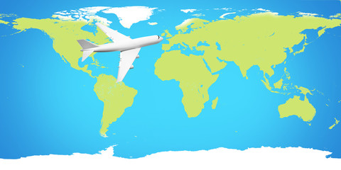 world map and plane 3d render. Elements of this image furnished by NASA.
